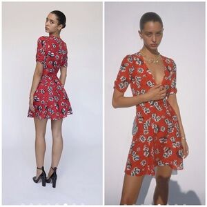 Realisation Par Ozzie Red Blue Floral Dress Silk Medium